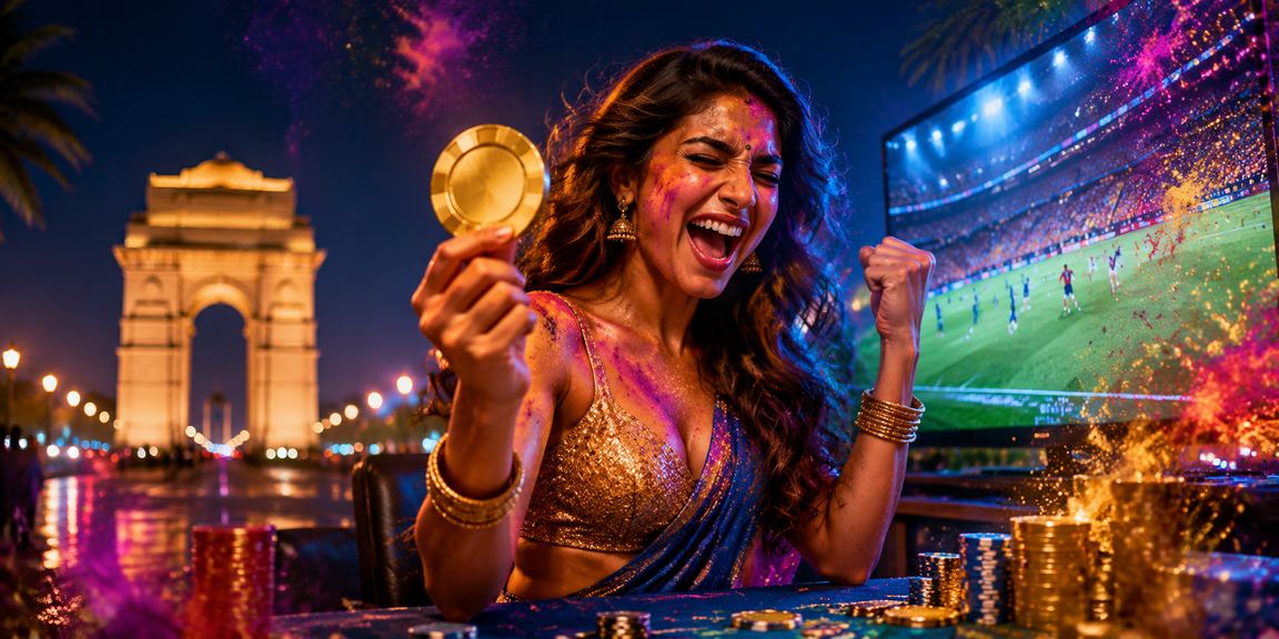 Indian sports fan enjoying football betting during Holi festival in Delhi