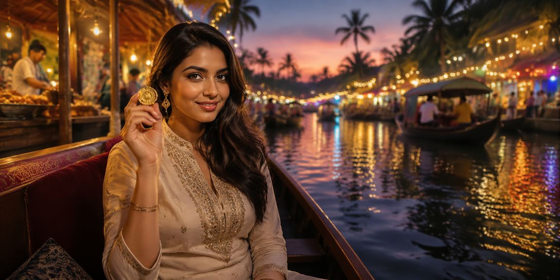 Indian lady playing rummy on mobile at Kerala backwaters